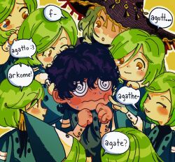  6+girls @_@ agott_arklaum_(tongari_boushi_no_atelier) black_hair blush blush_stickers cheek_poking closed_eyes coco_(tongari_boushi_no_atelier) commentary conical_hat curly_hair english_commentary flicky_clicky full-face_blush green_hair hat medium_hair multiple_girls multiple_persona poking smile speech_bubble tears tongari_boushi_no_atelier wavy_mouth wizard_hat yellow_eyes yuri 
