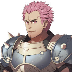  1boy armor artist_request closed_mouth commentary_request fire_emblem fire_emblem:_three_houses fire_emblem_warriors:_three_hopes grey_armor holst_sigiswald_goneril looking_at_viewer male_focus official_art pink_eyes pink_hair second-party_source short_hair shoulder_armor simple_background smile solo spiked_armor spikes spiky_hair upper_body white_background 