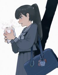  0ekaki_internet 1girl bag bag_charm black_eyes black_hair charm_(object) commentary_request food from_side high_ponytail holding holding_food long_hair long_sleeves looking_at_object muted_colors neckerchief open_mouth original pleated_skirt ponytail profile sailor_collar school_bag school_uniform serafuku shoulder_bag simple_background skirt solo steam steaming_food surprised white_background 