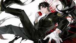  1boy apple badge black_hair black_jacket black_pants black_shoes black_socks black_suit collared_shirt commentary curtained_hair dosukin1989 english_commentary food foot_out_of_frame from_side fruit gloves hand_up highres holding holding_food holding_fruit ink jacket lapels leg_up limbus_company long_sleeves looking_to_the_side lying male_focus multicolored_hair notched_lapels on_back pants parted_bangs parted_lips project_moon rien_(project_moon) shirt shoes socks solo streaked_hair suit suit_jacket suit_pants tie_clip two-tone_hair white_gloves white_shirt white_streaks yellow_eyes 
