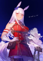  1girl absurdres animal_ears bare_shoulders blunt_bangs breasts closed_mouth clouds commentary_request cowboy_shot dress ear_ribbon gloves gold_ship_(red_strife)_(umamusume) gold_ship_(umamusume) hair_down hand_on_own_hip hat highres holding holding_unworn_clothes holding_unworn_hat horse_ears horse_girl horse_tail large_breasts long_hair looking_at_viewer outdoors red_dress red_eyes sky sleeveless sleeveless_dress smile solo standing tail umamusume unworn_hat unworn_headwear violet_eyes white_gloves white_hair yotsuyu 