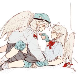  2girls angel_wings beret between_legs blue_gloves bow bowtie braid chiyo_(love-bullet) closed_mouth commentary cupid feathered_wings gloves grey_skirt hair_ribbon hat kanna_(love-bullet) kiyu_(lowwo_sulul) kneeling long_hair long_sleeves love-bullet lying multiple_girls on_back parted_lips pleated_skirt pulling_another's_clothes red_bow red_bowtie red_eyes ribbon shirt simple_background skirt sweatdrop tactical_clothes white_background white_hair white_shirt wings yuri 