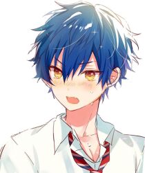  1boy blue_hair blush commentary_request ensemble_stars! fang hair_between_eyes looking_to_the_side loose_necktie male_focus necktie nose_blush open_collar open_mouth portrait red_necktie reimei_school_uniform sazanami_jun school_uniform shirt short_hair simple_background sparkle striped_clothes striped_necktie sweat tamano_mayo v-shaped_eyebrows white_background white_shirt yellow_eyes 