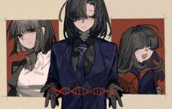  3girls :d ahoge araya_(project_moon) backpack bag black_gloves black_hair black_jacket black_shirt blue_kimono blue_streaks blue_suit blunt_bangs blunt_ends bob_cut child closed_mouth collared_shirt dna dress_shirt floral_print formal_clothes gloves hair_between_eyes happy highres holding jacket japanese_clothes kimono lapels laughing lcb_uniform_(project_moon) limbus_company long_hair long_sleeves looking_at_another mother_and_child mother_and_daughter multicolored_hair multiple_girls necktie open_collar open_mouth parent_and_child parted_bangs project_moon randoseru rectangle red_eyes ryoshu_(project_moon) shirt short_hair smile streaked_hair string string_of_fate suit suit_jacket tie_clip upper_body white_shirt yezhiha 