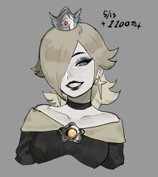  1girl absurdres bare_shoulders black_choker black_dress black_eyeshadow black_lips blonde_hair blue_eyes breasts brooch choker collarbone commentary_request cropped_torso crown dancho_no_mori dress earrings eyeshadow goth_fashion grey_background hair_over_one_eye highres jewelry long_hair makeup medium_breasts off-shoulder_dress off_shoulder open_mouth rosalina smile solo star_(symbol) star_brooch star_earrings super_mario_bros. teeth upper_body 