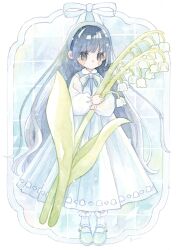  1girl aqua_bow aqua_bowtie aqua_dress aqua_shoes blue_background blue_eyes blue_hair blue_hairband blush_stickers border bow bowtie closed_mouth commentary_request contrast_collar dot_mouth dot_nose dress flower full_body grid_background hairband highres holding holding_flower light_particles lily_of_the_valley long_dress long_hair long_sleeves mary_janes original oversized_flower painting_(medium) peter_pan_collar pleated_dress puffy_long_sleeves puffy_sleeves ribbon_border shoes sidelocks sleeveless sleeveless_dress socks solo standing striped_clothes striped_socks sui_23 traditional_media vertical-striped_clothes vertical-striped_socks very_long_hair watercolor_(medium) white_border white_flower white_sleeves white_socks 