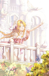  1girl absurdres against_railing bare_shoulders bird blue_butterfly blue_eyes braid braided_sidelocks bug butterfly chinese_commentary commentary_request highres jacket long_hair multiple_braids open_mouth orange_hair outdoors qingxi_emoji railing sidelocks sigrika_(wuthering_waves) smile solo veil white_bird white_jacket white_veil wuthering_waves 
