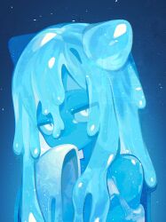  1girl blue_eyes blue_skin colored_skin commentary_request covering_own_mouth creature hand_over_own_mouth highres liquid_hair long_hair looking_at_viewer monster_girl original slime_(creature) slime_(substance) slime_girl slit_pupils solo transparent urutakohaku 