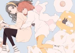  2girls absurdres black_eyes black_hair black_pantyhose blunt_bangs book closed_eyes closed_mouth commentary_request food-themed_pillow from_above hairband highres holding holding_book hug hug_from_behind kakmxxxny06 kono_koi_wo_hoshi_ni_wa_negawanai kousaka_fuyuki long_hair long_sleeves lying multiple_girls on_side pantyhose pillow red_hair shirai_eri shirt short_hair sleeping socks striped_clothes striped_socks white_shirt white_socks yellow_hairband yellow_pantyhose 