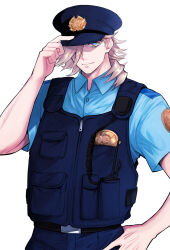  1boy belt black_belt blonde_hair closed_mouth commentary_request douma_(kimetsu_no_yaiba) hamiko_(hakogardenmiko) hat highres kimetsu_no_yaiba long_hair multicolored_eyes police police_badge police_hat police_uniform policeman rainbow_eyes simple_background white_background 