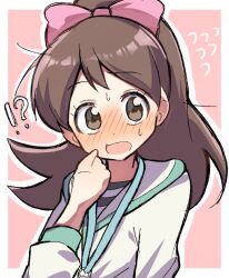  !? 1girl blush bow brown_eyes brown_hair commentary_request hair_bow jacket kodama_fumika long_hair looking_at_viewer open_mouth pink_bow ponytail solo unnchi_haha upper_body white_jacket youkai_watch 