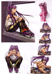 1girl absurdres artbook beatmania_iidx bemani black_pants breasts flame_print goli_matsumoto headphones highres long_hair looking_at_viewer medium_breasts mizushiro_celica multiple_views official_art pants purple_hair purple_shoes scan shirt shoes simple_background sitting sleeveless sleeveless_shirt spread_legs third-party_source twintails violet_eyes white_background white_shirt 