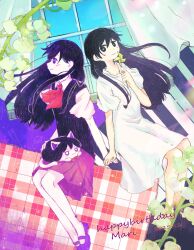  2girls animalization black_eyes black_hair blush bright_pupils cat character_name closed_mouth collared_shirt colored_skin commentary dated dress dual_persona english_commentary flower hair_between_eyes happy_birthday highres holding_hands lily_of_the_valley long_hair mari_(headspace)_(omori) mari_(omori) mari_(spirit)_(omori) multiple_girls neckerchief omori otukimiruno person_and_animalization purple_hair purple_shoes purple_sweater_vest red_neckerchief red_skirt shirt shoes short_sleeves skirt smile sweater_vest violet_eyes white_dress white_pupils white_shirt white_skin window 