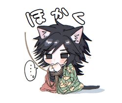  1boy animal_ears black_eyes black_hair black_jacket blush_stickers cat_boy cat_ears cat_tail chibi chibi_only closed_mouth commentary_request demon_slayer_uniform full_body hands_up haori high_collar highres jacket japanese_clothes kikkoumon kimetsu_no_yaiba long_hair low_ponytail male_focus ponytail print_haori red_haori restrained shadow simple_background solo spiky_hair tail tomioka_giyuu translation_request usisandao white_background 