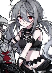  1girl absurdres ahoge arm_strap bare_shoulders black_survival blush bracelet chain cropped_shirt empty_eyes eternal_return:_black_survival garnet_(black_survival) grey_hair highres holding holding_sword holding_weapon jewelry long_hair looking_at_viewer low_twintails midriff ming_o0o pale_skin red_eyes smile solo strap sword twintails weapon white_background 