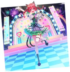  1girl :d aerial_fireworks alternate_costume animal_ear_fluff animal_ears arm_up artist_request belt boots bow braid cat_ears cat_tail checkered_floor dress fireworks frilled_dress frills full_body game_asset gloves green_necktie hair_bow holding holding_microphone idol idol_clothes kaenbyou_rin lace-up_boots looking_at_viewer microphone multiple_tails necktie nekomata non-web_source official_art open_mouth plaid_clothes plaid_skirt red_eyes red_hair self-datamine short_sleeves simple_background skirt skirt_bow smile solo stage star_(symbol) tail thigh_belt thigh_strap touhou touhou_arcadia_record transparent_background twin_braids two_tails white_belt white_boots white_bow white_dress white_gloves 