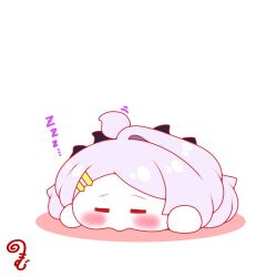  ahoge blue_archive blush_stickers chibi closed_eyes colored_shadow commentary_request grey_hair hair_ornament hairclip highres hina_(blue_archive) horns kurukurumagical long_hair lying motion_lines on_stomach parted_bangs shadow simple_background single_hair_intake sleeping solo very_long_hair white_background yurie_mouth zzz 