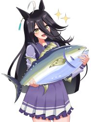  1girl absurdres ahoge animal animal_ears black_hair blush bow bowtie commentary_request ear_tag earrings fish hair_between_eyes highres holding holding_animal holding_fish horse_ears horse_girl jewelry juupran long_bangs long_hair long_hair_between_eyes long_sleeves looking_at_viewer manhattan_cafe_(umamusume) mixed-language_commentary multicolored_hair open_mouth pleated_skirt purple_sailor_collar purple_serafuku purple_shirt purple_skirt sailor_collar sailor_shirt school_uniform serafuku shirt single_earring skirt smile solo sparkle tracen_school_uniform tuna umamusume very_long_hair white_bow white_bowtie white_hair yellow_eyes 