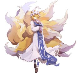  1girl animal_hat artist_request blonde_hair blue_tabard breasts brown_shoes dress fox_tail frilled_sleeves frills full_body game_asset hat kitsune kyuubi loafers long_sleeves looking_at_viewer medium_breasts mob_cap multiple_tails non-web_source official_art self-datamine shoes short_hair simple_background socks solo tabard tail touhou touhou_arcadia_record transparent_background white_dress white_socks wide_sleeves yakumo_ran yellow_eyes 