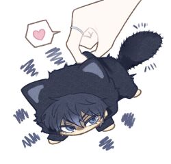  1boy @_@ animal_ears annoyed black_eyes black_hair black_hoodie cat_ears cat_tail chibi chibi_only choi_jongsu cjs31s2 commentary_request garbage_time heart hood hoodie kemonomimi_mode korean_commentary lower_eyelashes_only messy_hair shaded_face simple_background speech_bubble tail white_background 