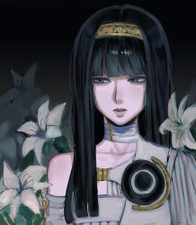  1girl black_eyes black_hair blunt_bangs commentary_request dress eyelashes flower gloves gnosia hair_between_eyes hairband highres hime_cut korean_commentary leotab12 long_hair looking_at_viewer simple_background solo straight_hair upper_body white_dress white_gloves yuriko_(gnosia) 