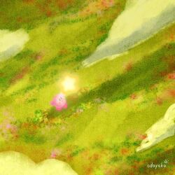  artist_name blue_eyes blush_stickers clouds commentary_request day field from_above glowing grass highres kirby kirby_(series) no_humans odayaka_(odk_yuk) open_mouth outdoors smile star_(symbol) 