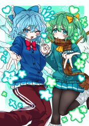  2girls :d :o absurdres alternate_costume aqua_cardigan aqua_eyes ascot blue_bow blue_cardigan blue_eyes blue_hair blush bow bowtie cardigan cirno commentary_request commission daiyousei fairy fairy_wings green_hair heart highres holding_hands ice ice_wings interlocked_fingers long_sleeves looking_at_viewer loose_socks medium_hair multiple_girls open_mouth oyatu_yatu pants pantyhose parted_lips plaid_clothes plaid_scarf red_bow red_bowtie red_pants ribbon scarf side_ponytail smile socks star_(symbol) touhou track_pants v wings yellow_ascot yellow_ribbon 