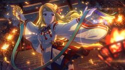  1girl blurry blurry_foreground breasts brown_hair card_commentary commentary_request fire game_asset holding idolmaster idolmaster_million_live! idolmaster_million_live!_theater_days japanese_clothes kimono long_hair long_sleeves looking_to_the_side miyao_miya night official_alternate_costume official_art outdoors outstretched_arms red_skirt skirt solo spread_arms stairs standing third-party_source torii turning_head white_kimono wide_sleeves 