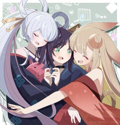  3girls animal_ears bare_shoulders black_hair blue_hair blush cho_kaguya-hime! closed_eyes commentary_request crescent crescent_hair_ornament flying_sweatdrops fox_ears girl_sandwich green_eyes grey_hair hair_ornament hair_rings hair_stick halterneck heart highres japanese_clothes kaguya_(cho_kaguya-hime!) kimono long_hair lop_rabbit_ears multicolored_hair multiple_girls open_mouth pink_hair rabbit_ears runami_yachiyo sakayori_iroha sandwiched sasanoha_(sasanoha0712) smile twintails two-tone_hair yuri 