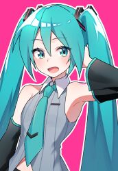 1girl aqua_eyes aqua_hair aqua_necktie aqua_trim arm_behind_head armpits bare_shoulders black_sleeves collar commentary_request detached_sleeves grey_shirt hair_between_eyes hair_ornament hatsune_miku hatsune_miku_(vocaloid6) heart heart_hair_ornament highres long_hair looking_at_viewer necktie open_mouth outline pink_background shirt shoulder_tattoo sleeveless sleeveless_shirt solo striped_clothes striped_shirt tattoo tie_clip twintails umi_kubota upper_body vertical-striped_clothes vertical-striped_shirt very_long_hair vocaloid white_collar white_outline wide_sleeves wing_collar 