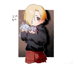  3girls ahoge black_hoodie black_sweater blonde_hair blush border brown_background chibi chinese_commentary closed_eyes commentary_request cropped_legs ear_piercing grey_eyes grey_hair hair_between_eyes hair_flaps hair_ornament hair_over_one_eye hairclip highres holding holding_mini_person hood hood_down hoodie hoshi_syoko huge_ahoge idolmaster idolmaster_cinderella_girls kawaii_boku_to_142's_(idolmaster) kominami_404 koshimizu_sachiko long_hair long_sidelocks looking_at_viewer medium_hair mini_person minigirl multiple_girls open_mouth piercing plaid_clothes plaid_skirt purple_hair red_skirt shirasaka_koume sidelocks skirt sleeves_past_fingers sleeves_past_wrists smile sweater translation_request triangle_mouth two-tone_background white_background white_border 