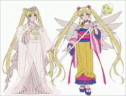  1girl bishoujo_senshi_sailor_moon blonde_hair blue_eyes blue_sandals closed_mouth crescent double_bun facial_mark forehead_mark frills gloves grey_background grey_gloves grey_kimono grey_socks hair_bun hakusai_(tiahszld) holding holding_staff japanese_clothes kimono long_sleeves multiple_views obi parted_bangs platform_heels platform_sandals sailor_moon sandals sash smile socks staff standing tabi twintails wide_sleeves 