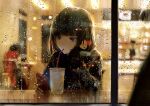  1girl absurdres bangs blurry blurry_background cellphone condensation cup drinking drinking_straw drinking_straw_in_mouth hair_strand highres jewelry mole mole_under_eye original phone rain restaurant ring short_hair sitting sleeves_past_wrists table tsukiiro window 
