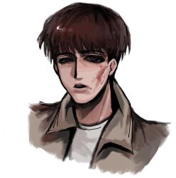  1boy animification bags_under_eyes blood blood_on_cheek blood_on_face bowl_cut brown_eyes brown_hair brown_jacket collared_jacket commentary cropped_shoulders empty_eyes english_commentary hair_behind_ear hair_between_eyes highres jacket kip_kinkel lips looking_at_viewer male_focus naturalselector91 open_clothes open_jacket parted_lips real_life shirt short_hair simple_background solo swept_bangs teeth thick_eyebrows true_crime upper_teeth_only very_short_hair white_background white_shirt 