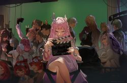  5boys 6+girls aglaea_(honkai:_star_rail) anaxa_(honkai:_star_rail) animal_ears black_hair blonde_hair brown_hair caelus_(honkai:_star_rail) cat_ears cerydra_(honkai:_star_rail) chair cipher_(honkai:_star_rail) clapperboard cloak closed_mouth commentary contemporary crossed_legs cyrene_(honkai:_star_rail) dan_heng_(honkai:_star_rail) dan_heng_(permansor_terrae)_(honkai:_star_rail) director's_chair dress english_commentary evernight_(honkai:_star_rail) everyone film_set fingerless_gloves flower folding_chair gloves green_hair green_screen grey_hair grin hair_flower hair_ornament hairband highres holding honkai:_star_rail honkai_(series) horns hyacine_(honkai:_star_rail) hysilens_(honkai:_star_rail) long_hair low_ponytail march_7th_(honkai:_star_rail) medium_hair multiple_boys multiple_girls mydei_(honkai:_star_rail) oh_my_julai open_mouth phainon_(honkai:_star_rail) pink_hair pointy_ears ponytail script selfie siblings sitting smile stelle_(honkai:_star_rail) trailblazer_(honkai:_star_rail) trianne_(honkai:_star_rail) tribbie_(honkai:_star_rail) trinnon_(honkai:_star_rail) triplets twintails white_dress white_hair 