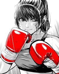  1girl blood blood_on_face boxing boxing_gloves breasts commentary_request fighting_stance gloves greyscale hatching_(texture) high_ponytail highres lee_(dragon_garou) light_rays medium_breasts monochrome one_eye_closed original ponytail red_gloves solo sports_bra spot_color sweat 