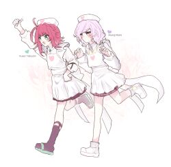  2girls :d apron arm_up bare_legs black_socks blush boots brooch brown_eyes brown_skirt character_name commentary cuddling english_commentary expressionless flip-flops full_body green_eyes groping_motion hat heart holding holding_test_tube jewelry kimi_no_koto_ga_dai_dai_dai_dai_daisuki_na_100-nin_no_kanojo kneehighs momi_momiji multiple_girls nurse nurse_cap open_mouth pink_hair pleated_skirt red_hair running sandals simple_background skirt smile socks t_(ax27) test_tube white_apron white_background white_boots yakuzen_kusuri 