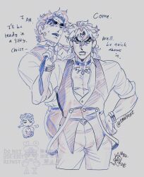  3boys anger_vein annoyed bracelet choker dio_brando ear_birthmark fang giorno_giovanna jewelry jojo_no_kimyou_na_bouken jonathan_joestar lips male_focus multiple_boys open_mouth phantom_blood sketch tmblyeet vampire vento_aureo vest victory_rolls 