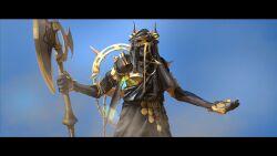  1boy absurdres arknights black_cloak blue_sky chain cloak gold halberd helmet highres horns kusami_toka_naku_au medal polearm sand sky tagme weapon zhayedan_(arknights) 