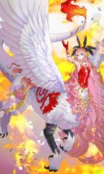  1girl absurdres arm_up armpits bare_shoulders black_wings blue_eyes centauroid chimera colored_extremities commentary_request dress feathered_wings fiery_background fire full_body hair_ornament head_wings highres korean_commentary long_hair looking_at_viewer meong-ge monster_girl nautika_(reverse:1999) official_alternate_costume pink_hair pink_lips red_dress red_hands reverse:1999 solo strapless strapless_dress tail talons taur very_long_hair white_wings wings 