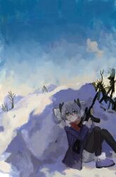  1girl at_tart black_bow black_pantyhose blue_jacket blue_shoes blue_sky bow breath bronya_zaychik clouds commentary_request day drill_hair fur-trimmed_sleeves fur_trim grey_eyes grey_hair gun hair_bow highres holding holding_gun holding_weapon honkai_(series) honkai_impact_3rd jacket long_sleeves outdoors pantyhose pantyhose_under_shorts red_scarf scarf shoes shorts sitting sky snow solo twin_drills twintails weapon weapon_request white_shorts 