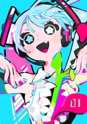  1girl arms_up blue_background blue_eyes blue_hair blue_nails blush_stickers collar collared_shirt colorful commentary detached_sleeves dot_nose fang frilled_collar frilled_shirt frills hatsune_miku heterochromia n79oqc3yja6jlof nail_polish open_mouth pink_nails shirt sleeveless sleeveless_shirt solo spring_onion star-shaped_pupils star_(symbol) symbol-shaped_pupils teeth triangle_mouth twintails upper_body vocaloid white_eyes white_shirt wing_collar 