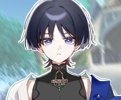  1boy black_bodysuit black_hair blue_cape blue_pupils blunt_ends blurry blurry_background bodysuit cape choppy_bangs commentary_request covered_collarbone eyeliner game_screenshot_background genshin_impact hoxino japanese_clothes kimono looking_at_viewer makeup male_focus mandarin_collar open_mouth outdoors outline portrait red_eyeliner scaramouche_(genshin_impact) screenshot_background shoulder_peek side_cape solo straight-on sumeru_city tsurime two-sided_fabric violet_eyes wanderer_(genshin_impact) white_kimono white_mouth white_outline white_sleeves 