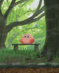  blush branch forest grass grasslands highres kirby kirby_(series) leaf looking_up miclot nature no_humans open_mouth outdoors rain sitting sky solo sparkle tree water_drop 