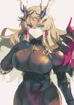  1girl armor blonde_hair breasts fairy_knight_gawain_(fate) fairy_knight_gawain_(second_ascension)_(fate) fate/grand_order fate_(series) gloves heterochromia large_breasts long_hair miton_(vvse5752) shoulder_armor simple_background solo upper_body 