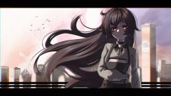  absurdres bird black_bow black_bowtie black_hair black_skirt book bow bowtie building cityscape commentary grey_shirt grimmi_(1st_costume)_(vtuber) grimmi_(vtuber) hair_between_eyes highres holding holding_book indie_virtual_youtuber long_hair long_sleeves pale_skin ringed_eyes shirt sioell skirt skyscraper suspender_skirt suspenders untranslatable_commentary very_long_hair virtual_youtuber yellow_eyes 
