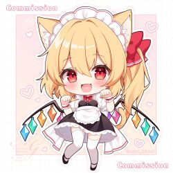  1girl alternate_costume animal_ear_fluff animal_ears apron black_dress blonde_hair blush bow bowtie cat_ears cat_girl cat_tail chibi chibi_only commentary_request commission crystal crystal_wings dress enmaided fang flandre_scarlet full_body hair_between_eyes heart highres looking_at_viewer maid maid_headdress miy@ multicolored_wings one_side_up open_mouth paw_pose puffy_short_sleeves puffy_sleeves red_bow red_bowtie red_eyes short_sleeves skeb_commission smile solo tail touhou twitter_username waist_apron watermark white_apron wings 