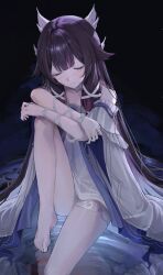  1girl absurdres arm_ribbon bare_shoulders barefoot black_hair blunt_bangs center-flap_bangs closed_eyes closed_mouth columbina_(genshin_impact) commentary dress genshin_impact hair_ornament hair_ribbon hair_tie highres ilung knee_up long_hair low-tied_sidelocks mask multicolored_hair off-shoulder_dress off_shoulder pink_streaks ribbon sidelocks sitting smile solo streaked_hair thigh_strap untranslatable_commentary very_long_hair white_dress white_mask white_ribbon wing_hair_ornament 