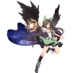  1girl arm_cannon artist_request atom bird_wings black_socks black_wings bow breasts brown_hair cape chest_eye closed_mouth collared_shirt feathered_wings frilled_skirt frills full_body game_asset green_bow green_skirt hair_bow incoming_attack kneehighs long_hair looking_at_viewer medium_breasts non-web_source official_art print_cape red_eyes reiuji_utsuho self-datamine shirt simple_background skirt smile socks solo starry_sky_print third_eye touhou touhou_arcadia_record transparent_background two-sided_cape two-sided_fabric very_long_hair weapon white_cape white_shirt wings 