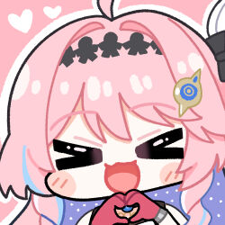  >_< 1girl chibi chibi_only colored_inner_hair commentary denia_(wuthering_waves) english_commentary facing_viewer gloves hair_intakes hair_ornament heart heart_hands long_hair multicolored_hair open_mouth pink_hair portrait purple_hair red_gloves smile solo sticker_(medium) twomoon wuthering_waves 